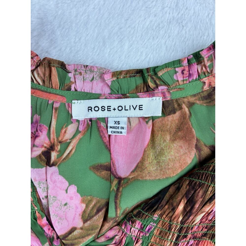 Rose + Olive Womens XS Green Pink Floral Smocked Ruffle Sleeve Blouse Romantic - Picture 8 of 10